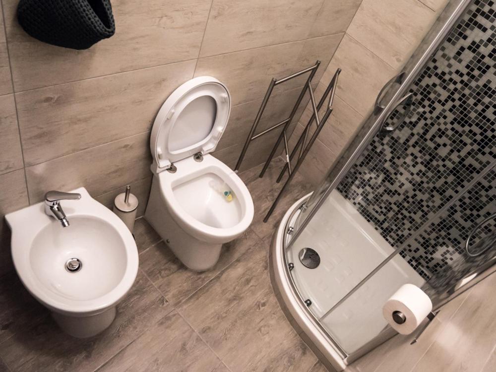 een badkamer met een toilet, een wastafel en een douche bij B&B "LA GIANCARLA" in Maratea