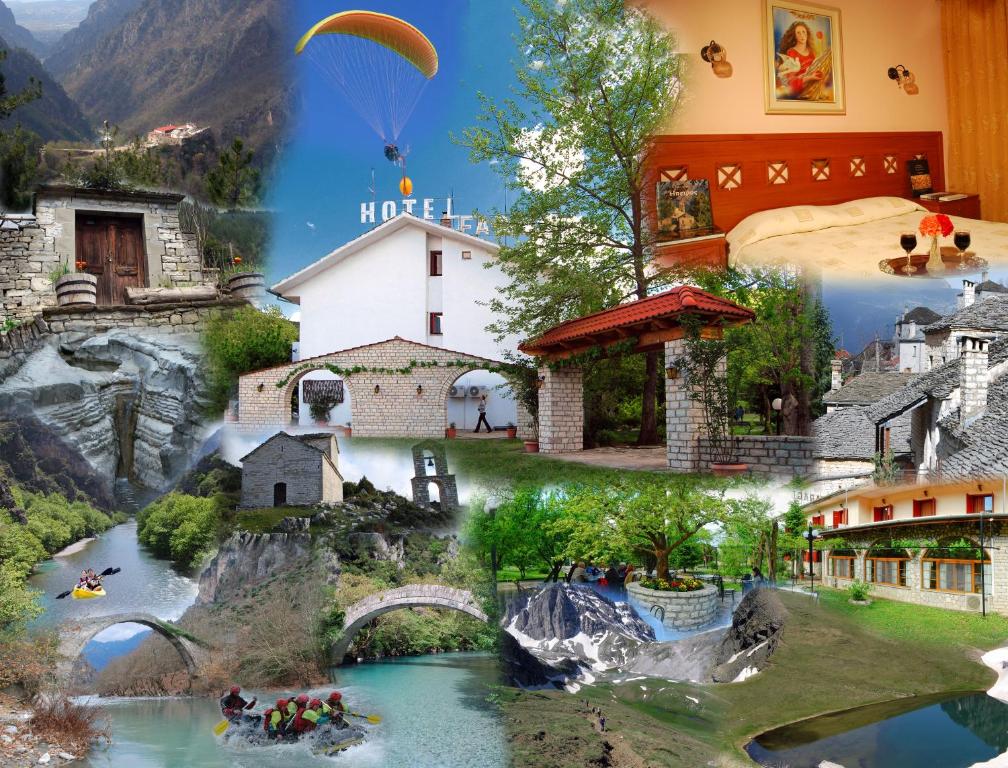 eine Collage mit Bildern eines Hotels und eines Flusses in der Unterkunft Hotel Faraggi in Kleidoniá
