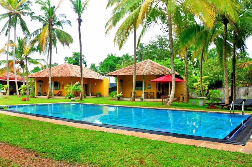 a swimming pool in front of a house with palm trees at Kurumba Villas in Bentota