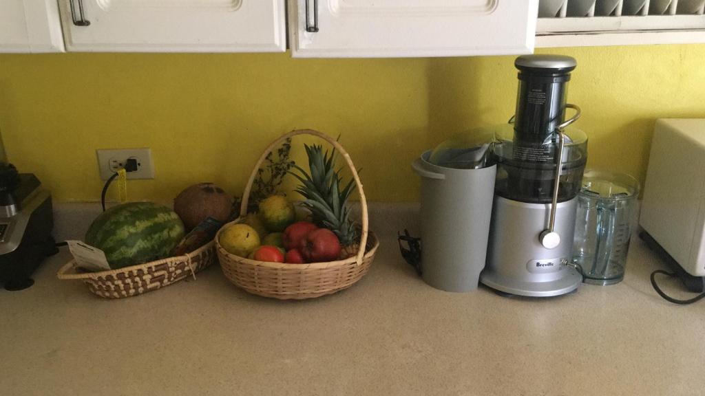 a kitchen counter with two baskets of fruit and a blender at Treaysures in Santa Cruz