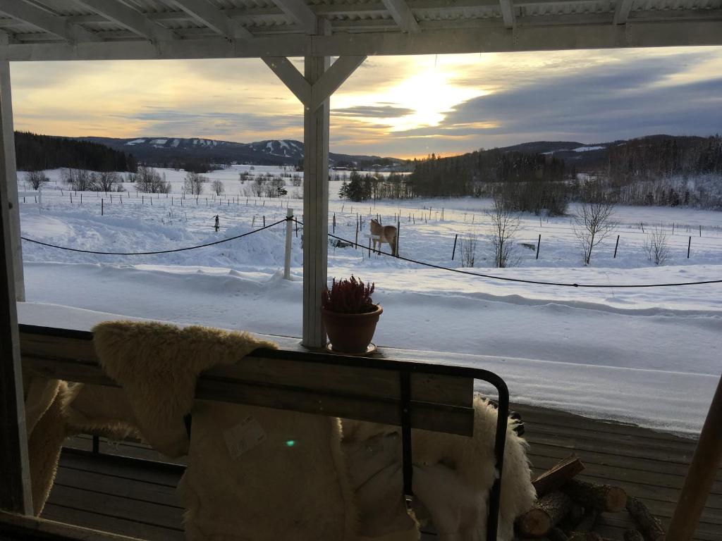 a view of a snow covered field from a window at Utsikten in Borlänge
