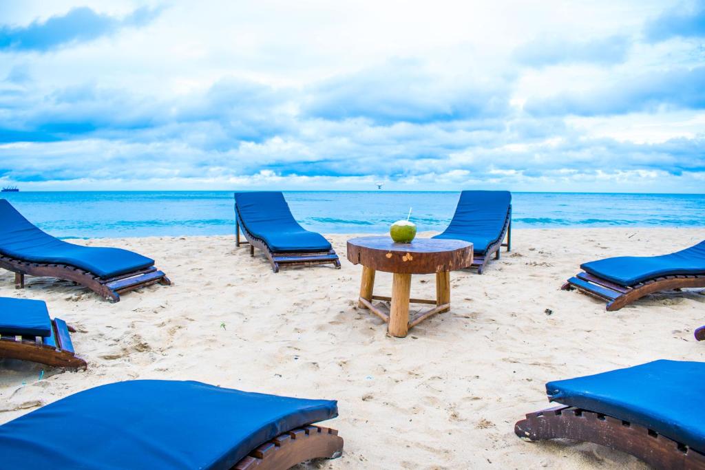 a group of chairs and a table on the beach at Omeesha Beach Hotel in Kalpitiya