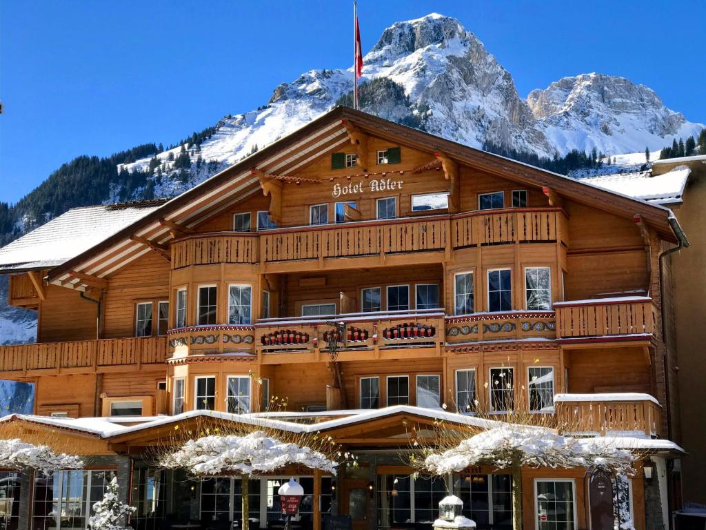 a ski lodge with a mountain in the background at Chalet Hotel Adler AG in Kandersteg