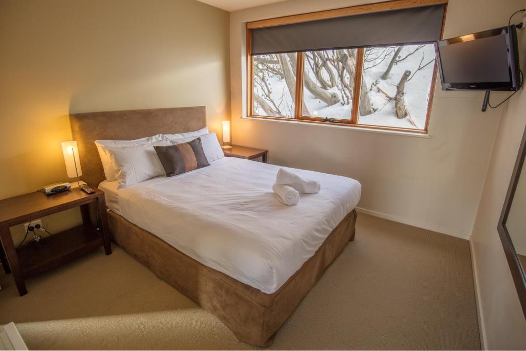 1 dormitorio con 1 cama, ventana y TV en Schnapps, en Monte Hotham