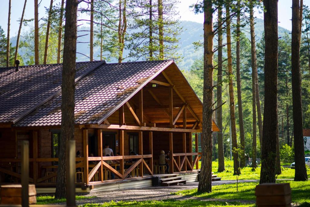 a large wooden cabin in the woods with trees at Altay Park Hotel Podgoritsa in Manzherok