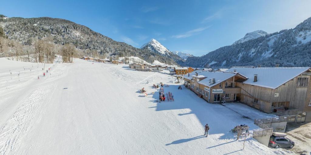 an aerial view of a ski resort in the snow at Schrannenhof in Schoppernau