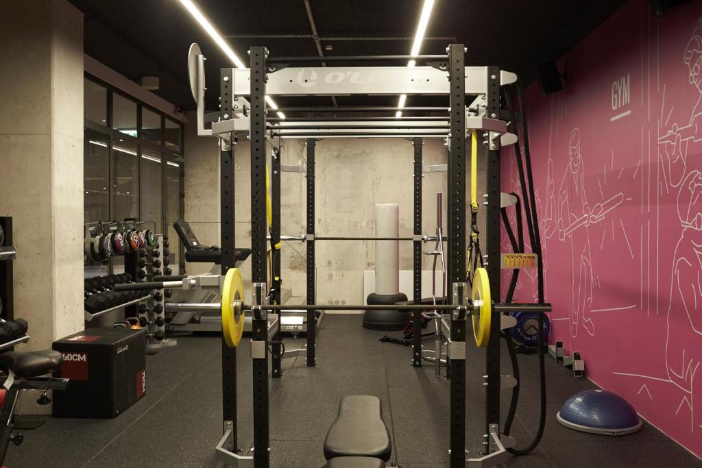 a gym with a bunch of equipment in a room at Steel House Copenhagen in Copenhagen