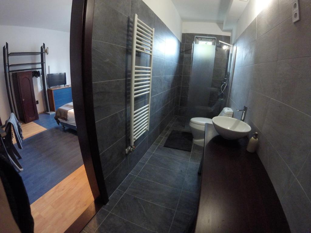 a bathroom with a shower and a toilet and a sink at Dózsaház in Zalaegerszeg