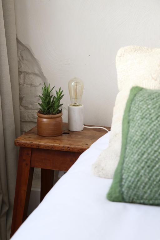 a bedside table with a lamp and a plant on it at Mañana Mañana in Antwerp