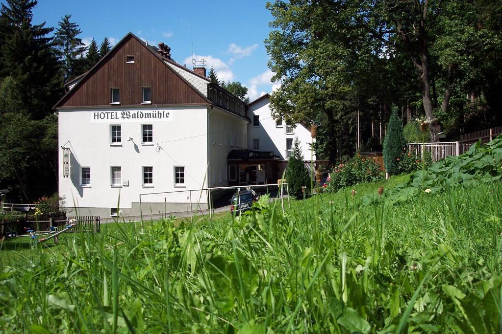 a building with a grass field in front of it at Hotel Restaurant Waldmühle in Wolkenstein