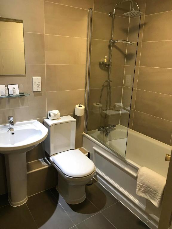 a bathroom with a toilet and a sink and a shower at Bridge of Orchy Hotel in Bridge of Orchy