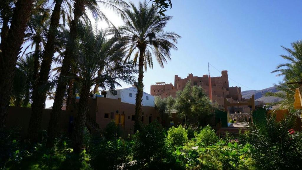 a view of a city with palm trees and a building at Ecolodge du Draa in Ouled Otmane