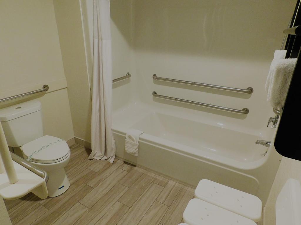 a bathroom with a toilet and a bath tub at Travelodge by Wyndham Angels Camp CA in Angels Camp