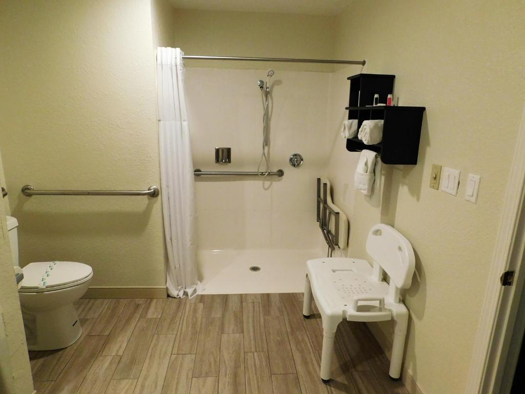 a bathroom with a toilet and a shower at Travelodge by Wyndham Angels Camp CA in Angels Camp