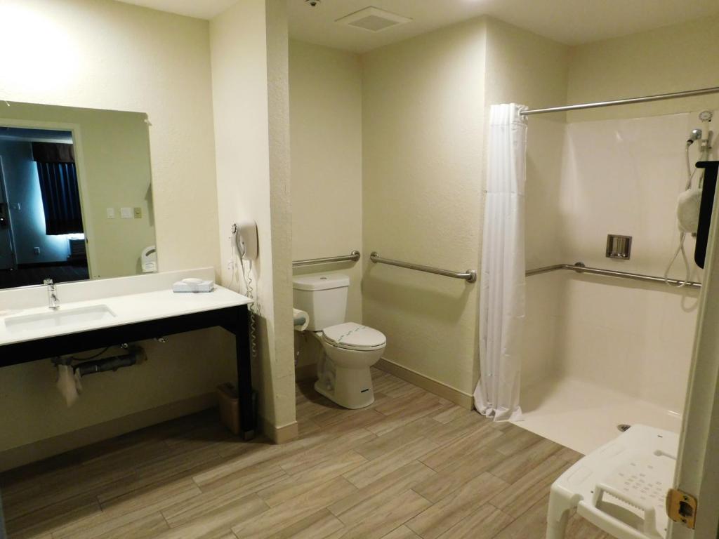 a bathroom with a toilet and a sink and a shower at Travelodge by Wyndham Angels Camp CA in Angels Camp