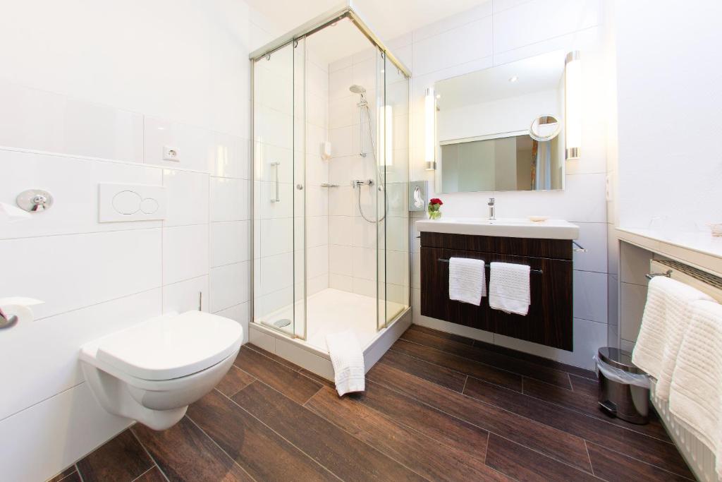 a white bathroom with a toilet and a shower at Ochsen Hotel & Restaurant Binzen / Basel in Binzen