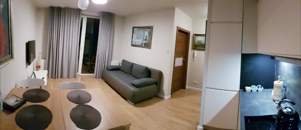 salon z kanapą i stołem w obiekcie Apartament Jelen'iowska w Kielcach