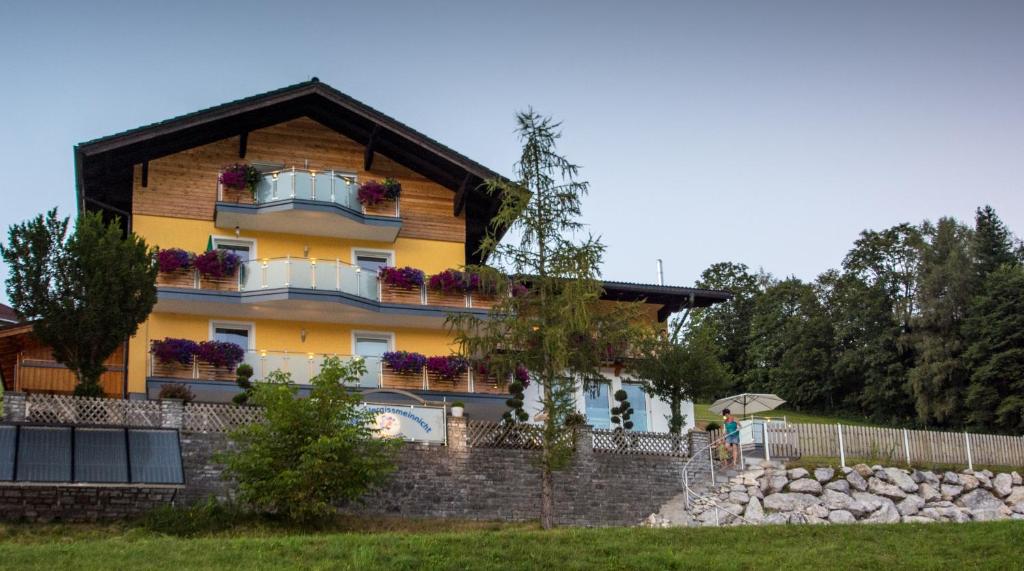 ein Haus mit Blumen auf den Balkonen in der Unterkunft Apartmenthaus Vergissmeinnicht in Abtenau