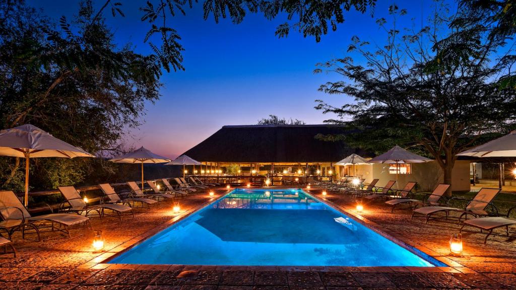 a swimming pool with chairs and lights at night at Nyati Safari Lodge in Balule Game Reserve
