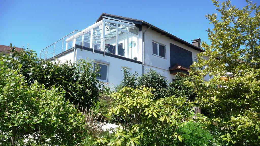 a white house with a lot of glass at Ferienwohnung chez nous in Erbach im Odenwald