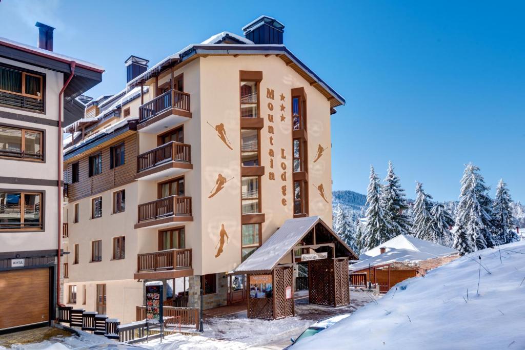 a building in the snow with birds flying around it at Mountain Lodge Apartments in Pamporovo