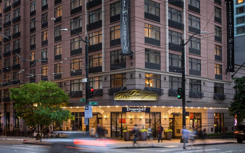 a building on the corner of a street with at The Paramount Hotel in Seattle