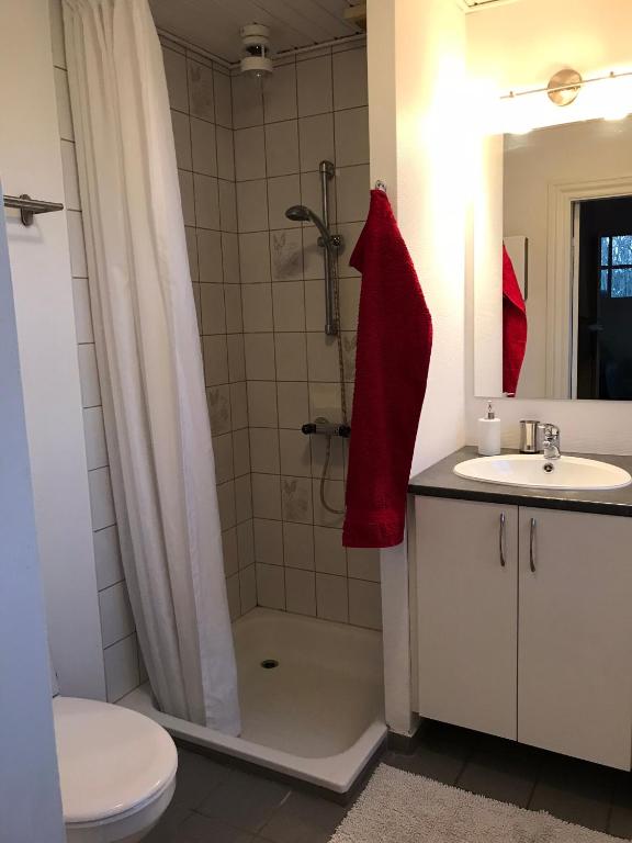 Koupelna v ubytování Det lille røde hus