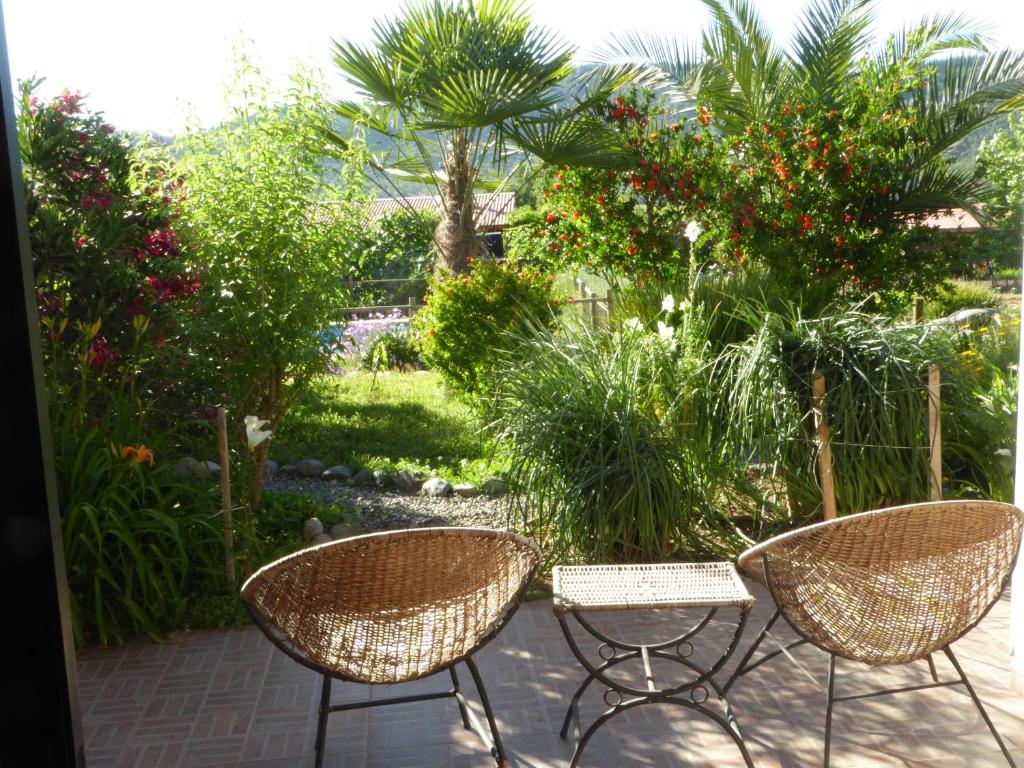 two chairs and a table in a garden at La Maravilla Lodge in Vilches