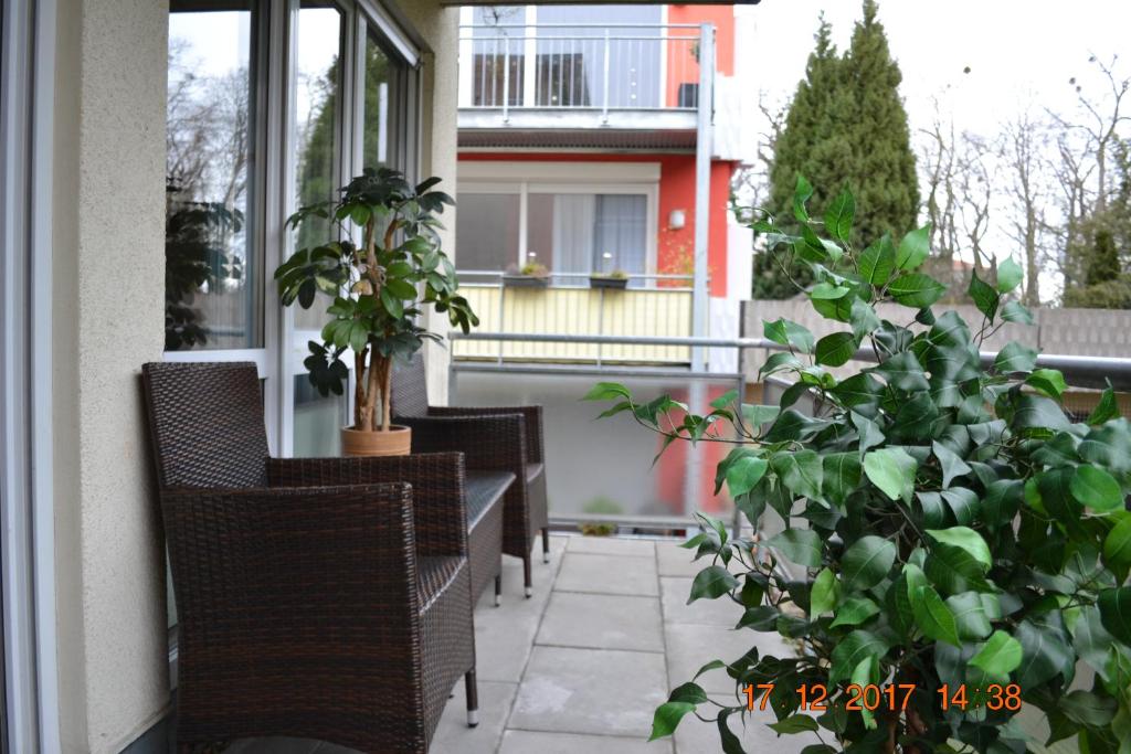 une terrasse couverte avec des chaises et des plantes en pot ainsi qu'un bâtiment dans l'établissement Alissa, à Ludwigsbourg