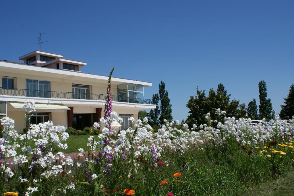 un jardin avec des fleurs en face d'une maison dans l'établissement Villa Ayrault, à Châtillon-sur-Thouet