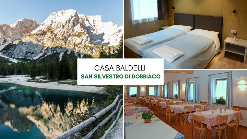 un collage de photos d'une chambre d'hôtel avec une montagne dans l'établissement Casa Baldelli, à Dobbiaco