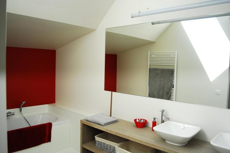 a bathroom with a sink and a tub and a mirror at B&B Het Schaliënhof in Veurne