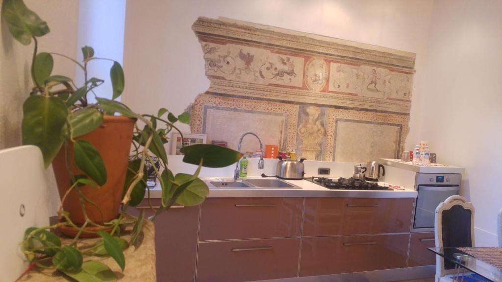 kuchnia ze zlewem i kuchenką w obiekcie Accademia DeLuxe w Bergamo