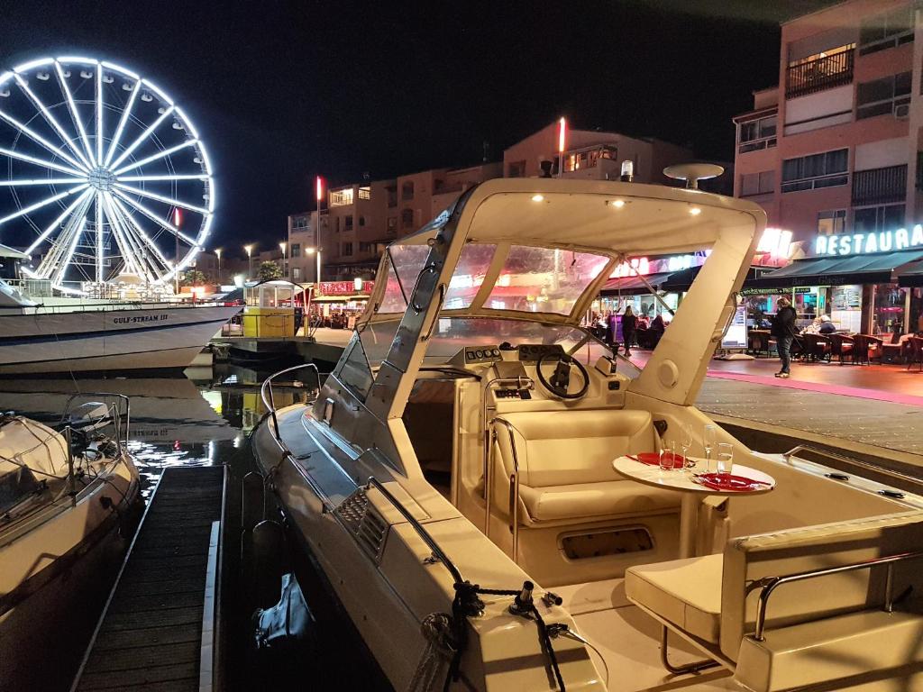 ein Boot in einem Yachthafen mit einem Riesenrad in der Unterkunft R'paradise in Cap d'Agde