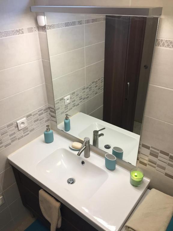 a bathroom with a sink and a mirror at Les Meublés de Luchon - La Perle Bleue in Luchon