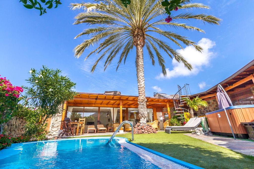 a palm tree in front of a house with a swimming pool at Anfi Tauro Rentals in La Playa de Tauro