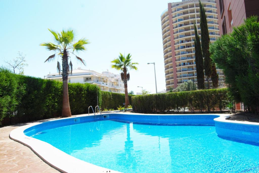 una gran piscina azul con palmeras y edificios en Beach View Apartment Litoralmar, en Portimão