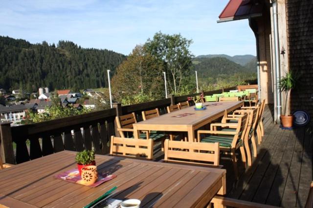 terraza con mesas de madera y sillas en el balcón en Chez Pierre, en Lunz am See