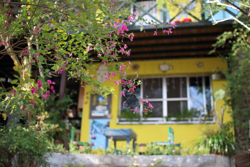 竹東鎮的住宿－老農夫山莊 ，前面有粉红色花的黄色房子