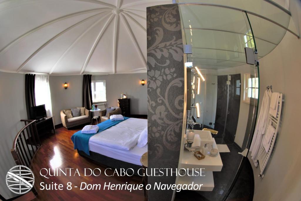 a room with a bed and a large mirror at Quinta do Cabo Guesthouse in Sintra