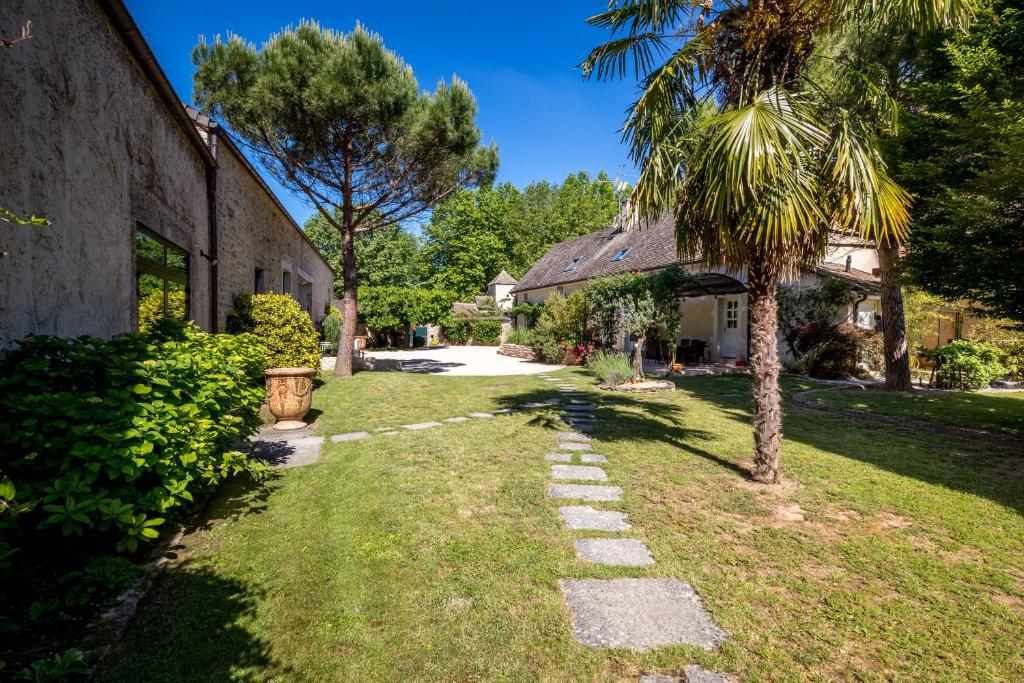 a palm tree in a yard next to a building at Le Jardin De Maurice in Sainte-Marie-la-Blanche