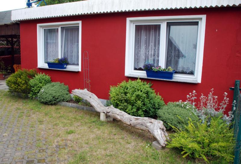 una casa rossa con due finestre e alcuni cespugli di Ferienwohnung in Thiessow auf der a Thiessow