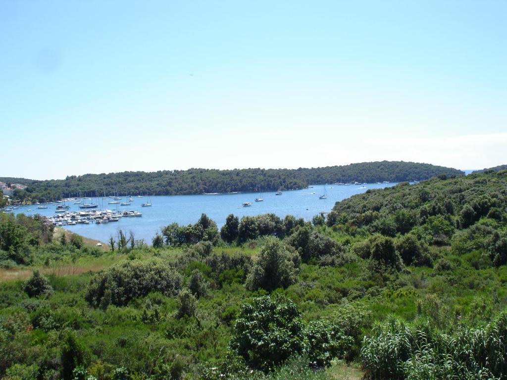 a view of a lake with boats in the water at Brko Apartment in Medulin
