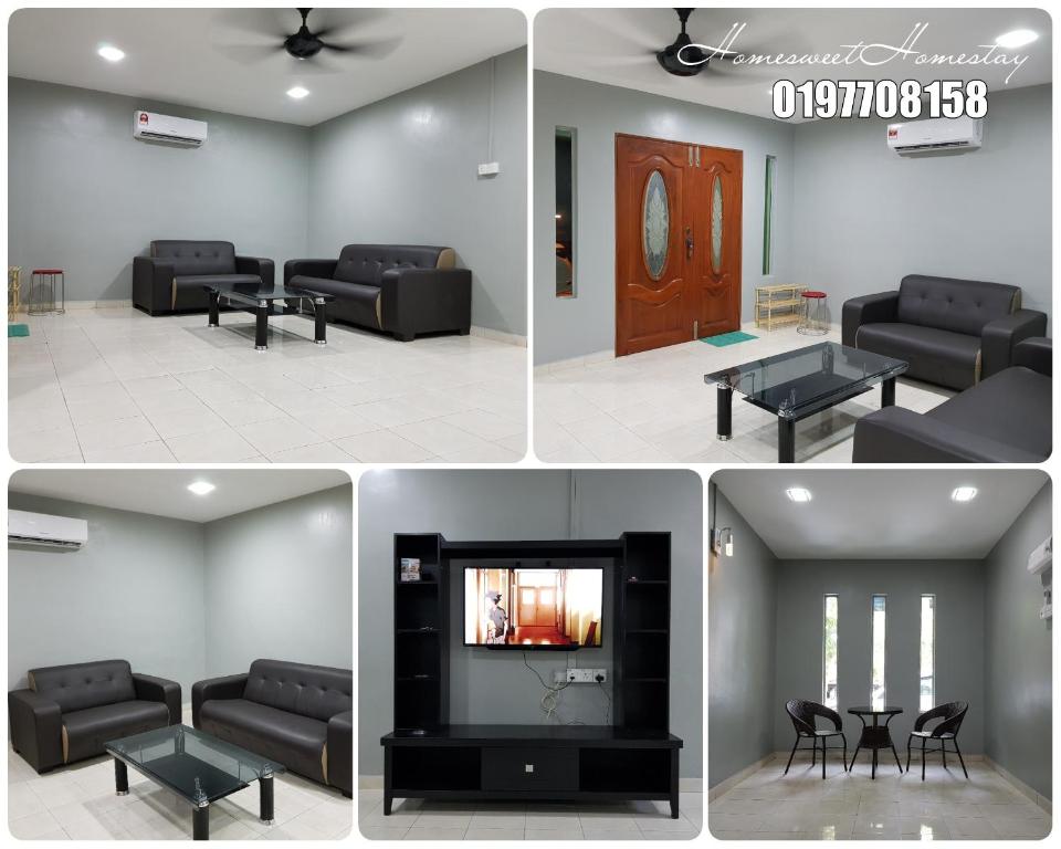 quatro fotografias de uma sala de estar com um sofá e uma televisão em Homesweet Homestay Jasin em Malaca
