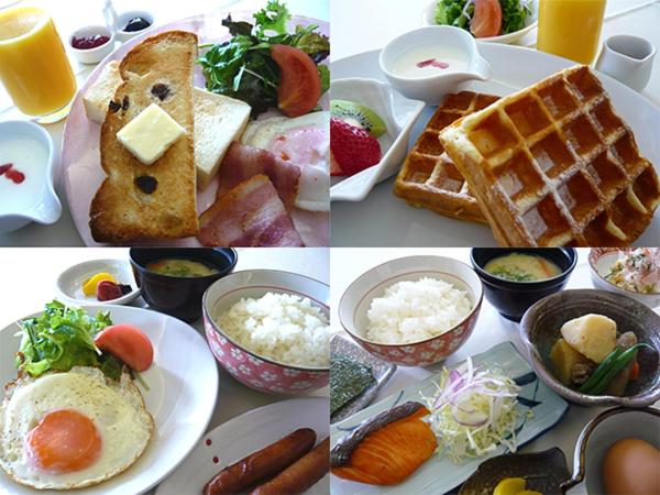 a collage of pictures of breakfast foods and drinks at South Breeze Hotel Kochi Kaigetsu in Kochi