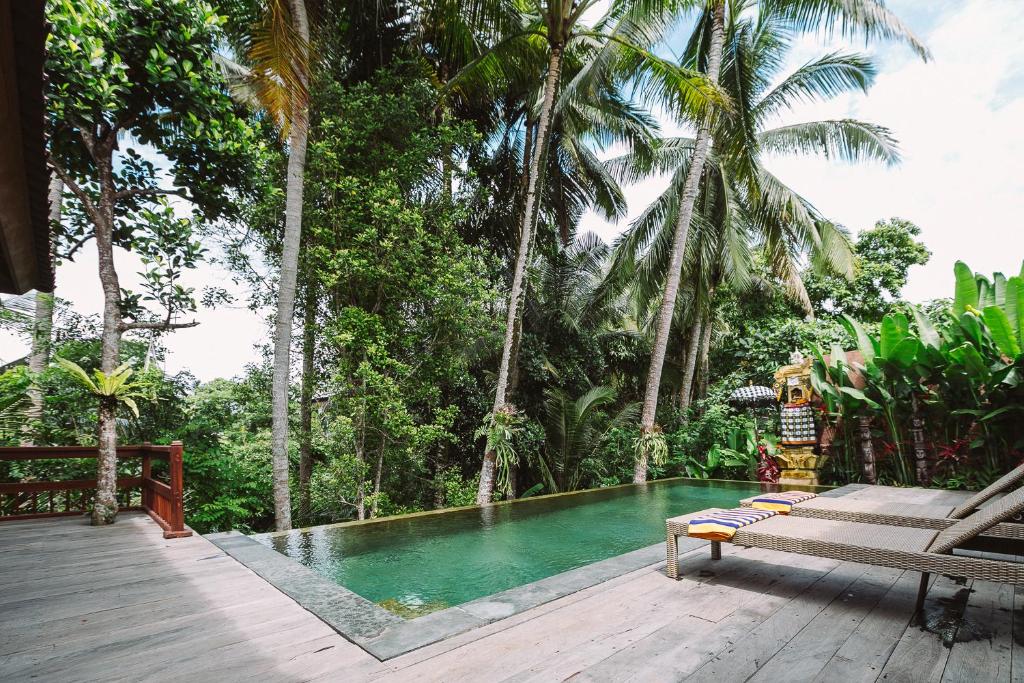 a resort pool with a bench and palm trees at Villa Sunari Ubud in Ubud