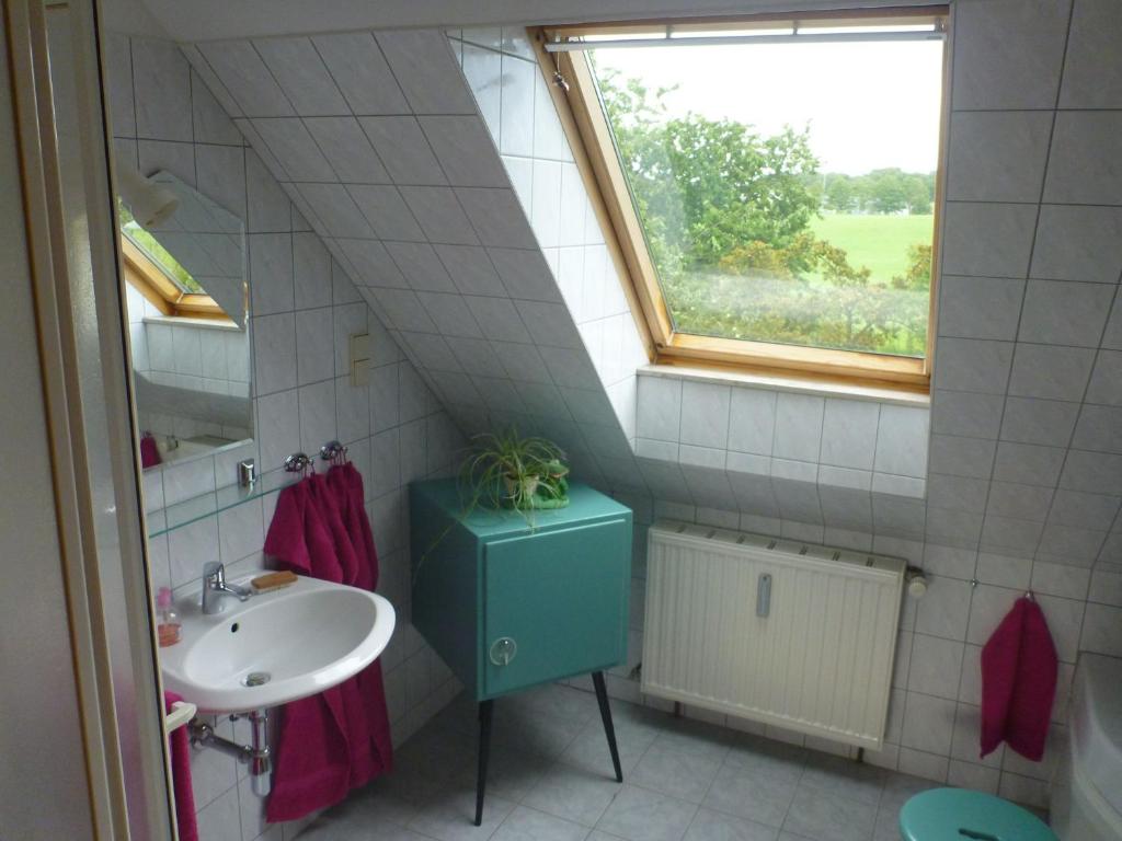 ein Bad mit einem Waschbecken und einem Fenster in der Unterkunft Ferienwohnung Schorfheide in Joachimsthal
