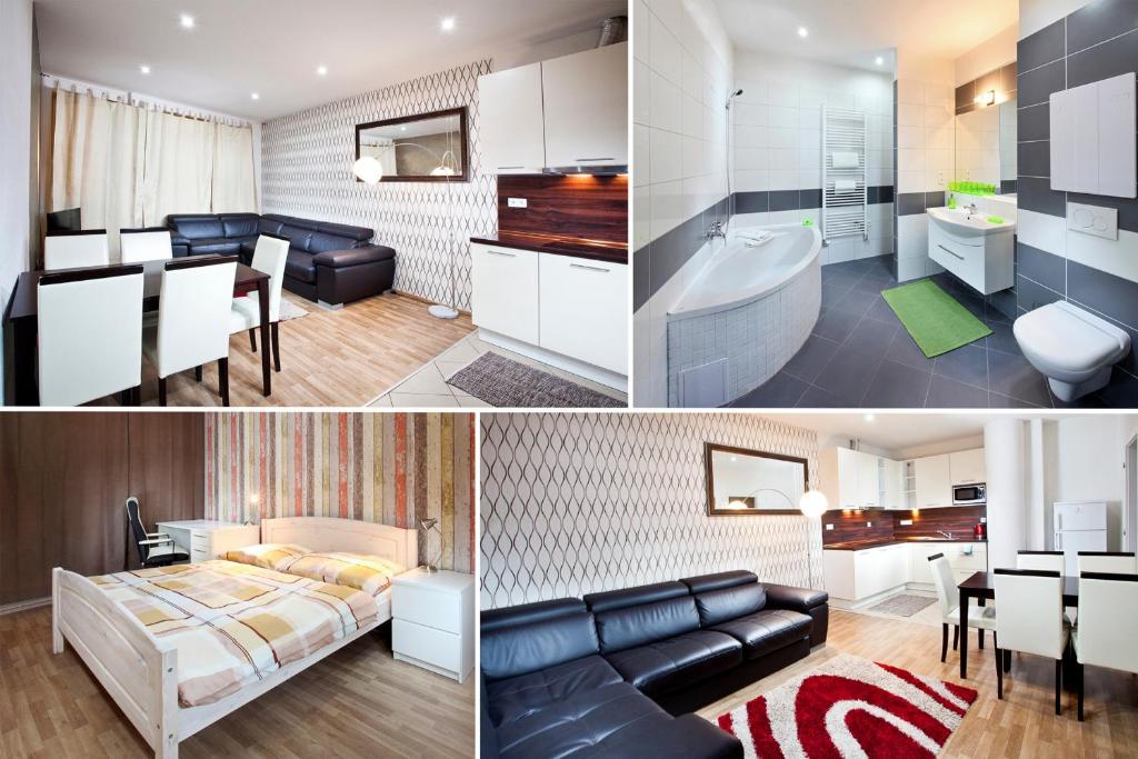 a collage of three pictures of a bedroom and a bathroom at Apartments Kopečná with parking in Brno