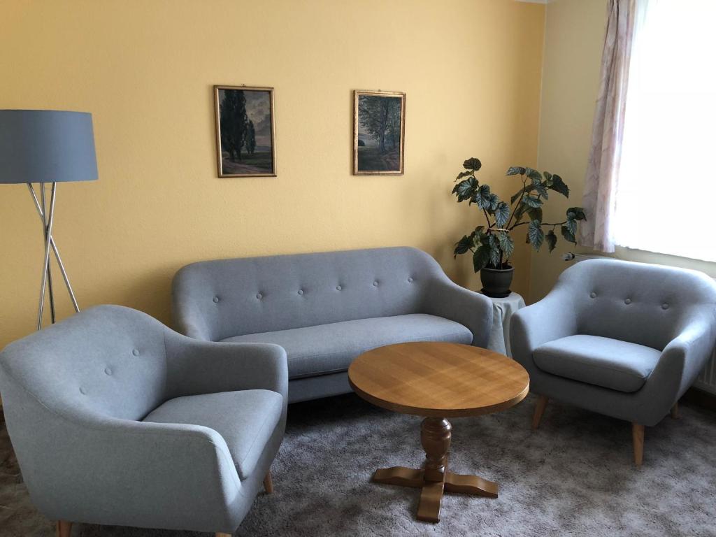 ein Wohnzimmer mit 2 blauen Sofas und einem Tisch in der Unterkunft Ferienwohnungen in Dresden in Dresden
