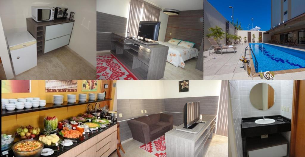 un collage de fotos de una habitación de hotel con piscina en Flat Privado Manaus en Manaos